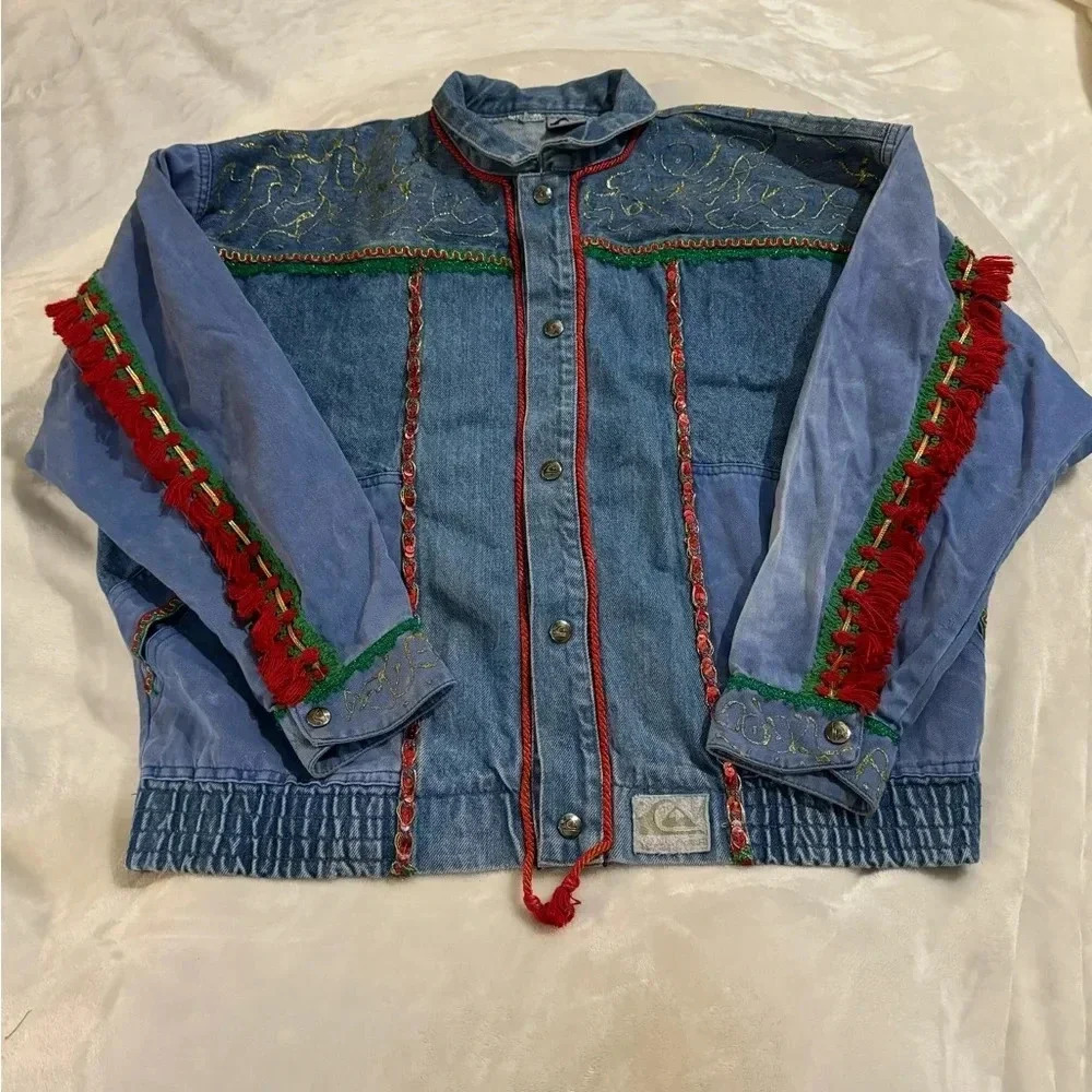 Y2K Quiksilver Distressed Ugly Christmas Denim Jacket Oversized Kitsch Upcycled